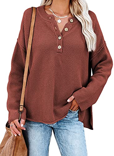 Dokotoo Womens 1/4 Button V Neck Ribbed Long Sleeve Cable Knit Solid Chunky Pullover Sweaters Casual Autumn Fashion Sweater Jumpers Outerwear Medium Red