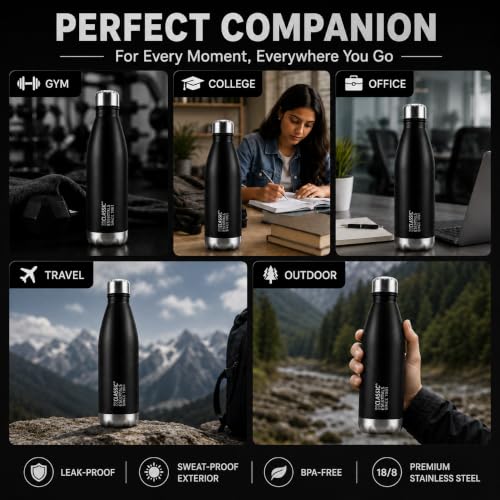 Image of Classic Essentials Insulated Double Wall Stainless Steel Water Bottle 500 ML | 12 Hours Hot & 24 Hours Cold | Vacuum Insulated, Leakproof Bottle for Home, Office, Gym & Travel (Black)