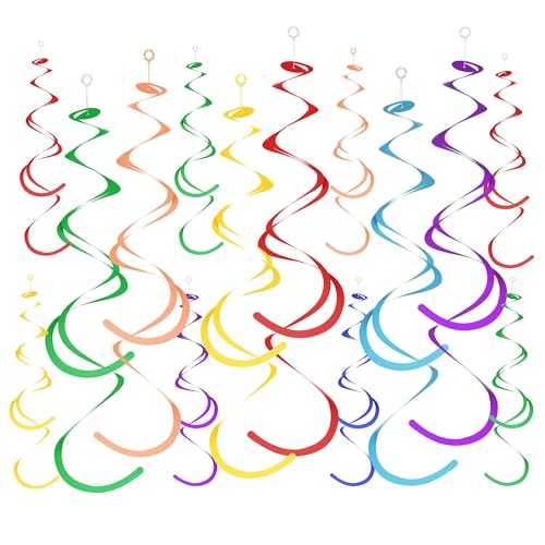 Image of Colorful Ceiling Swirl Foil Decorations Hanging Plastic Streamer Themed Swirl Party Decoration for Wedding Thanksgiving Day Graduation Celebration, Pack of 28 (Multicolor 15)