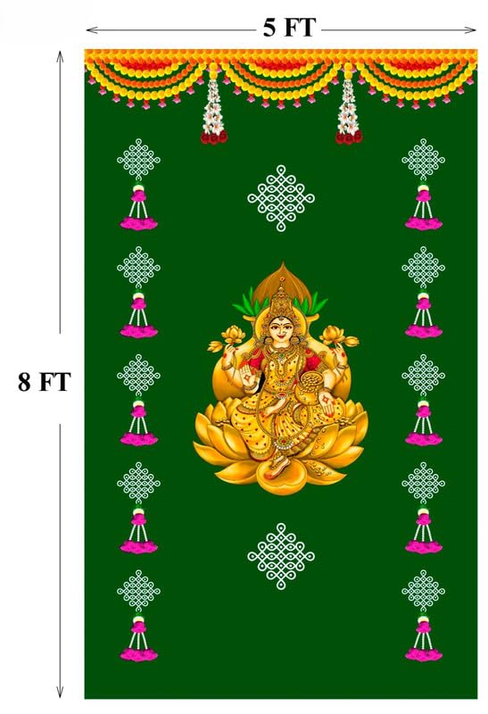 Image of varalakshmi Pooja Decoration Backdrop | laxmi Cloth backdrops with Toran Design puja Decoration Backdrop Cloth, Size 8x5 feet | varalakshmi Background | laxmi Devi Backdrop Cloth