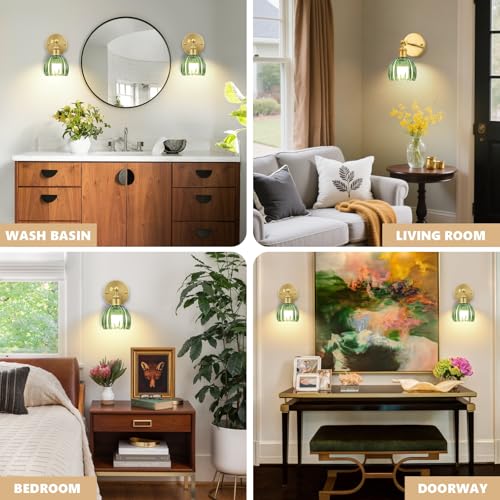 Image of Vintage Battery Operated Wall Sconce, Green Tulip Glass Lampshade Wireless Rechargeable Battery Powered LED Wall Light with Remote Dimmable for Bedside Bedroom Doorway Living Room, Set of 2