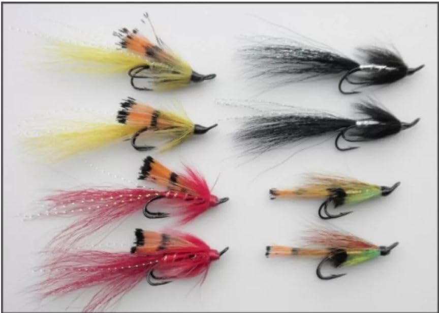 8 Salmon Doubles, Black and Silver, Red Allys Shrimp, Yellow Allys Shrimp and Green Highlander, Double Hook Salmon Flies, Choice of Sizes (10)