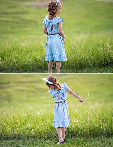 Flypigs Girls Sundress Casual Midi Solid Dress Flutter Sleeve Summer Beach Dresses For 4-5 Years Kids Light Blue #TOP4