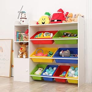 Kids toy storage organizer bins with shelf 4 tier playroom organization and storage w8 removable boxes kids bookshelf and toy storage for kids room bedroom nursery classroom white  urban country home decor