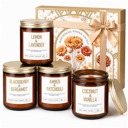 Scented Candle Gift Set, 4 Pack Wood Wick Natural Soy Wax Candles for Home