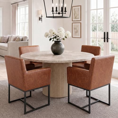 Image of HNY Mid Century Modern Upholstered Dining Chairs with Arms Set of 4, Faux Leather Accent Chairs with Black Finish Metal Frame, 19'' Wide Arm Chairs for Living Room Kitchen Bedroom, Brown, set of 4
