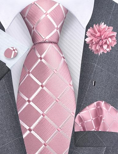 Image of GUSLESON 3.15 inch(8cm) Mens Tie and Lapel Pin Plaid Checkered Necktie Hankerchief Cufflinks Set for Men