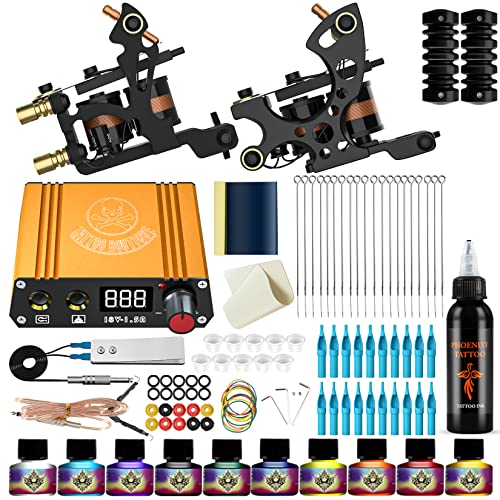 Tattoo Kit, Phoenixy Tattoo Machine Kit Complete Tattoo Starter Set 2 Tattoo Machine Gun Tattoo Power Supply 10 +1 Tattoo Inks for Tattoo Artists