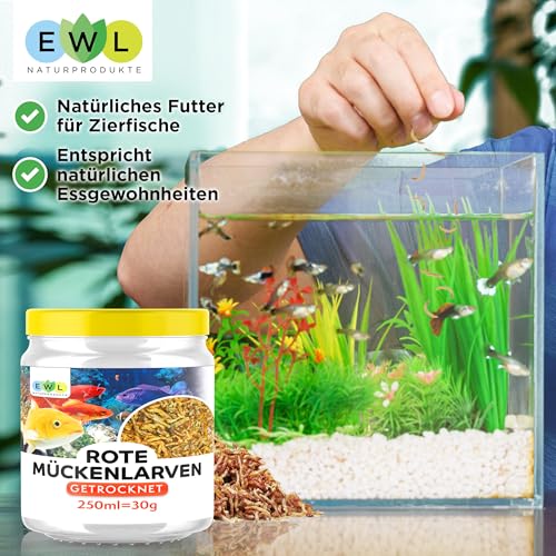 EWL Naturprodukte Rote Mückenlarven getrocknet 250 ml (30 g), Mückenlarven Fischfutter, Fischfutter Aquarium, geprüfte Qualität von deutschem Anbieter
