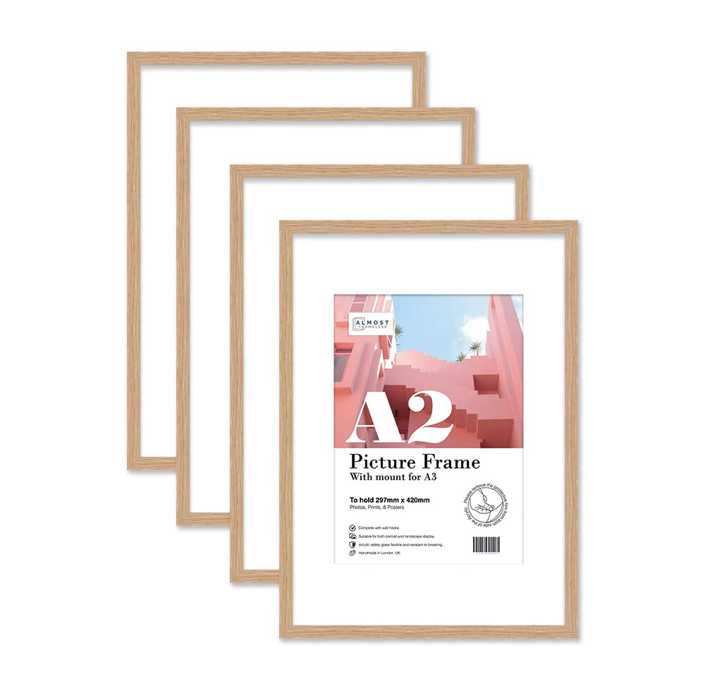 Almost Frameless Oak A2 Picture Frame Set Of 4, Display A3 Pictures With Mount Or A5 Without Mount Gallery Wall, Poster, Photo, Artwork, Or Print,