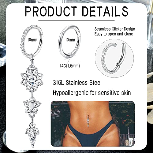 THUNARAZ 2Pcs Belly Button Rings for Women Surgical Stainless Steel Clicker Belly Rings Hoop CZ Heart Butterfly Dangle Navel Rings Belly Piercing Jewelry Silver Tone 14G3
