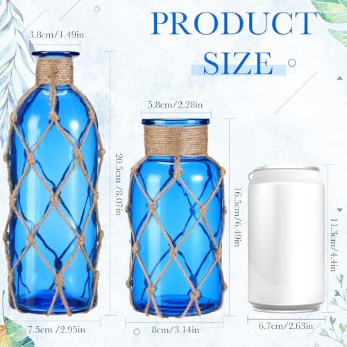 Image of Chuangdi Set of 2 Coastal Glass Flower Vase with Boho Rope, Cobalt Blue