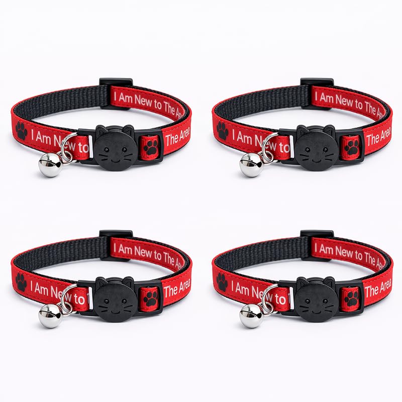 Worded Cat Collars – Please Do Not Feed Me, I Am Microchipped | Safe Quick Release Breakaway Buckle | Zacal Cat Collars (Pack of 4, Red, I Am New To The Area)