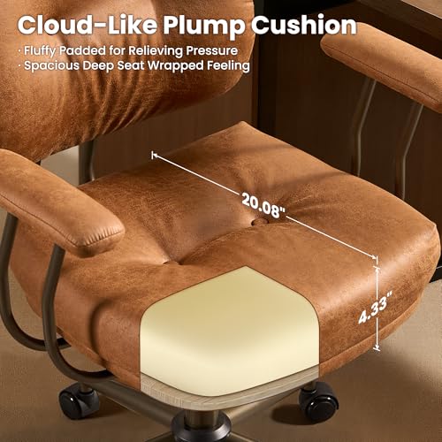 Image of ovios Ergonomic Office Chair, Mid Back Faux Leather Executive Chairs with Thick Cushion, Comfy Mid-Century Modern Swivel Rolling Computer Armchair (Brown, Suede Leather)