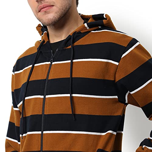 Image of CAHOOT Men's Dark Blue Zip-Front Hoodie with Contrast Drawstring for Casual Wear | Long Sleeve | Hooded Neck | Zipper Closure | Cotton Sweatshirt Crafted with Comfort Fit for Everyday Wear