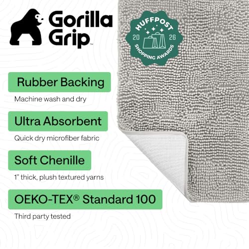 Image of GORILLA GRIP Bath Rug Mat 70x24, Soft Absorbent Chenille, Quick Dry Microfiber Mats, Rubber Backing Washable Shower Floor Rugs, Bathmat Runner, US Designed Bathroom Home Decor Accessories Light Gray