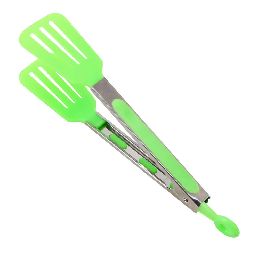 MinLia Silicone Pizza Bread Steak Clip with Stainless Steel Handle Utensil, Square Head Food Tongs, Kitchen Non-Stick BBQ Tongs(Green)