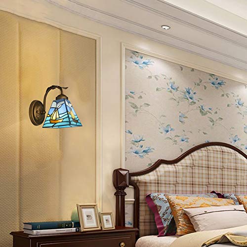 Image of LITFAD Tiffany Designed Wall Sconce with One Light Stained Glass LED Wall Light Fixture Decorative Wall Lamp for Staircase Bedroom Hotel Restaurant (Blue - 1 Light)