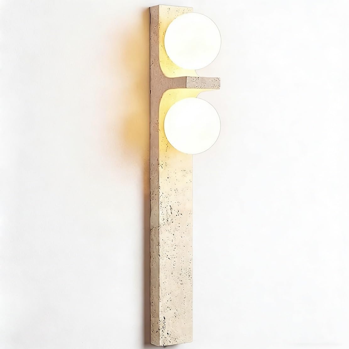 NHPJFDC Vertical Travertine LED Wall Sconce Double Frosted Glass Globe Modern Minimalist Natural Stone G4 2 Light Fixture Beige Tall Lamp for Bedroom Living Room Hallway Corridor