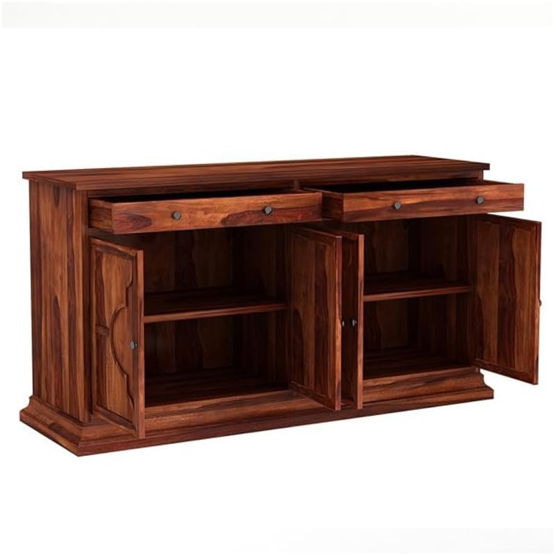 Image of SHIKHA WOOD CRAFT Solid Sheesham Wood Sideboard Cabinet with 4 Doors and 2 Drawers Storage | Wooden Kitchen Cabinet, Crockery Unit, Dining Room Organizer, Living Room Storage Furniture (Honey Finish)