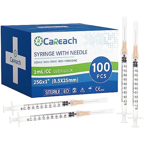 Careach 100 Pack 1mL Syringe 25Ga 1inch, Scientific Labs, Measurement, Individually Wrapped Cover