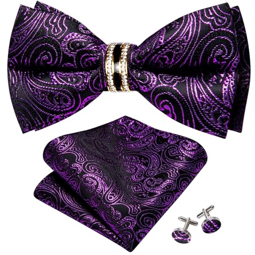 Image of YOHOWA Mens Bow Tie Set Paisley Pre-tied Bowties Adjustable with Handkerchief Cufflinks Gold Ring Set Wedding Prom Party