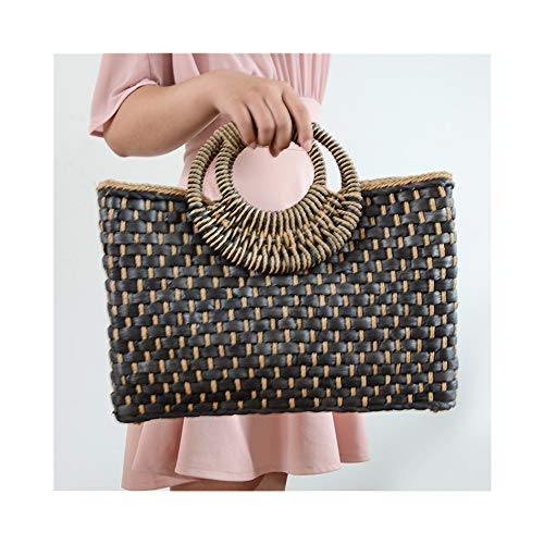 Bolso de paja veraniego retro para mujer negro miniatura 6