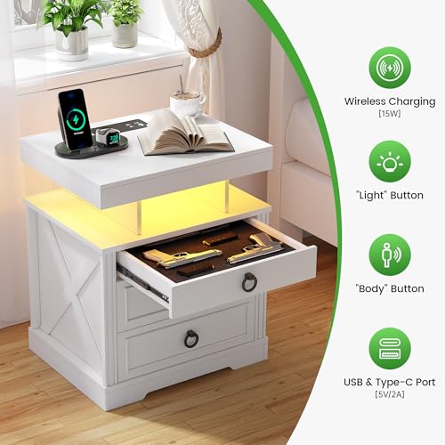 Image of HNEBC Gun Nightstand with Hidden Drawer&Wireless Charging &LED Lights-White | Smart Farmhouse Nightstand with Charging Station,3 Color Auto Light, Hidden Storage,3 Drawers for Bedroom Furniture