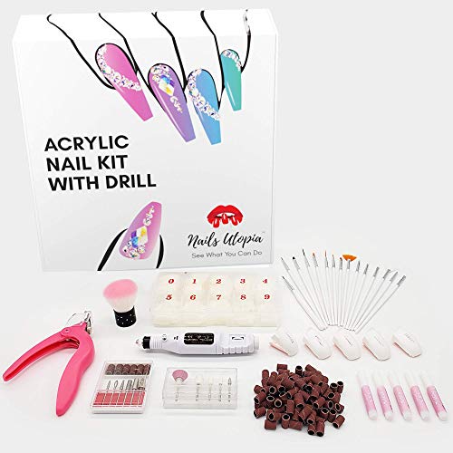 Acrylic Nail Kit Pro Set | Electric Nail Drill Kit with 11pc Drills, Sand Bands for Polishing and Nail Removing, 500 False Nail Tips,15pc Brushes with Nail Clipper, Acrylic Nail Tools