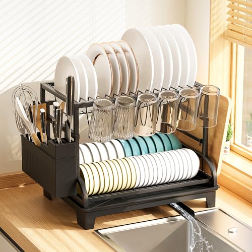 HomeCurated 2-Tier Foldable Dish Drying Rack with Drainboard, Stainless Steel