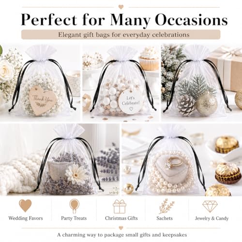 Image of Hopttreely White Organza Bags with Black Drawstring, 5x7 Inch 50 Pack Sheer Mesh Gift & Favor Bags for Party Wedding, Christmas, Sachet, Small Business, Fruit Protection Netting