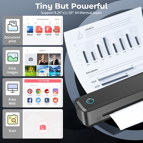 Image of SEZNIK Portable A4 Printer, Bluetooth, Inkless Thermal Printer | USB, Bluetooth Compatible with Android iOS Laptop | 1 Year Warranty (Lite-203DPI-Black)