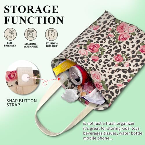 Image of Car Trash Can, Cute Car Trash Bag, Hanging Car Organizer and Storage Bag, Trash Bin for Car Accessories, Vehicle, Travelling, Camping Pink Rose and Leopard