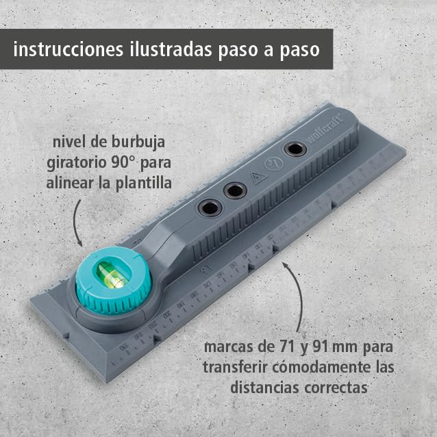 wolfcraft Plantilla de perforación 'electricidad' I 5976000 I Plantilla para marcar, alinear y taladrar para la instalación de interruptores y cajas de enchufe en paredes de ladrillo