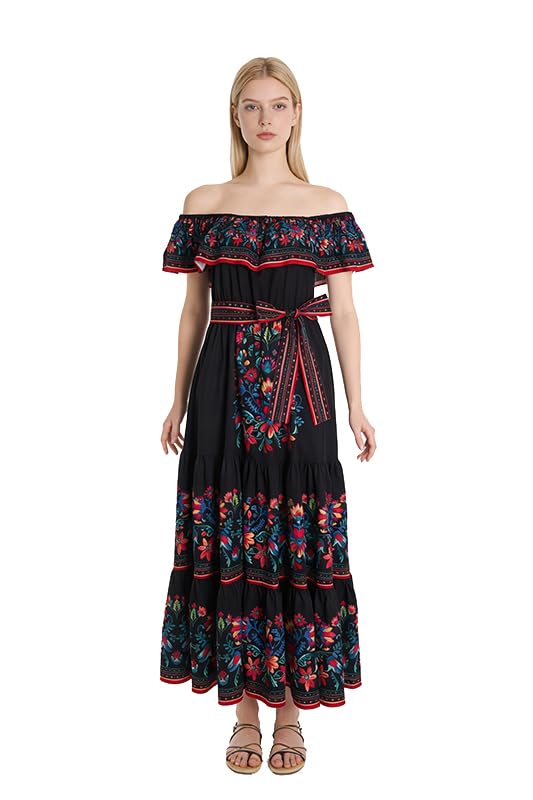 Womens Mexican Fiesta Dress Cinco De Mayo Spanish Cuban Dress with Belt(X-Large Black)