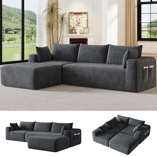 110”Modern Modular L-Shape Couch with Chaise, Modular Sectional Couches for Living Room, Deep Seat Boneless Sofa Bed, No Assembly Required Sleeper Sofa, Plush Corduroy Fabric, Dark Gray