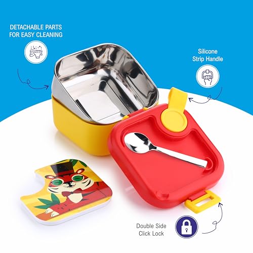 Image of Homeor Stainless Steel Box with Spoon, Tiffin Box for Kids, Airtight BPA Free & Leakproof Lunch Box, Steel Box for School Girls and Boys, Snacks Tiffin for Kids, 500 ML, Red & Yellow