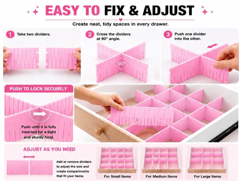 Image of 6 pcs Adjustable Drawer Divider (Length 30 C.M. Width 7 C.M) Drawer Organizer for Makeup, Jewellery & clothes - Interlocking Plastic Separators for Home & Office Use [ pink ]