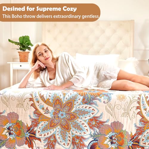 Boho Throw Blanket, 100% Organic Cotton Breathable Skin-Friendly Ultra Soft Bed Quilt Throw - All Season Floral Bird Farmhouse Décor Luxury Blanket for Sofa Couch Chair and Gift. 80" x 90"