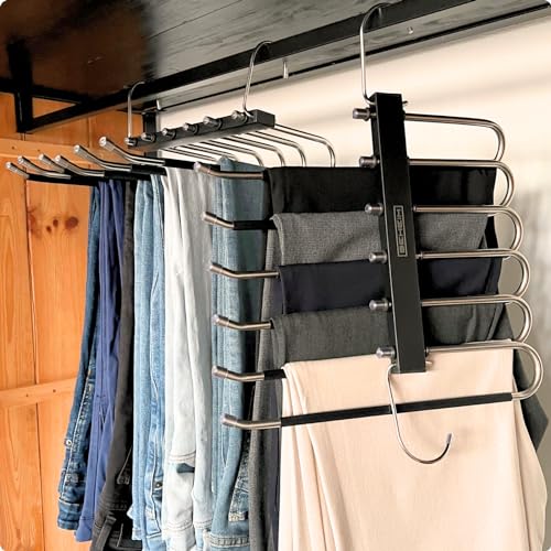 BEHEIM (2Pcs) Percha Pantalones Multiple 6 en 1, Perchas Pantalones Ahorra Espacio, Perchas Pantalones Plegable en Acero INOX