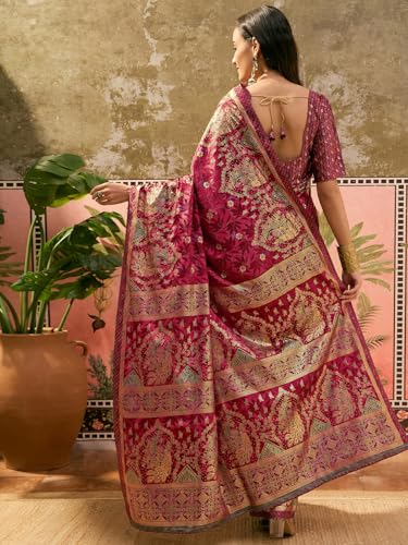 Image of Satrani Women's Crepe Foil Printed Weaving Banarasi Saree with Unstitched Blouse Piece