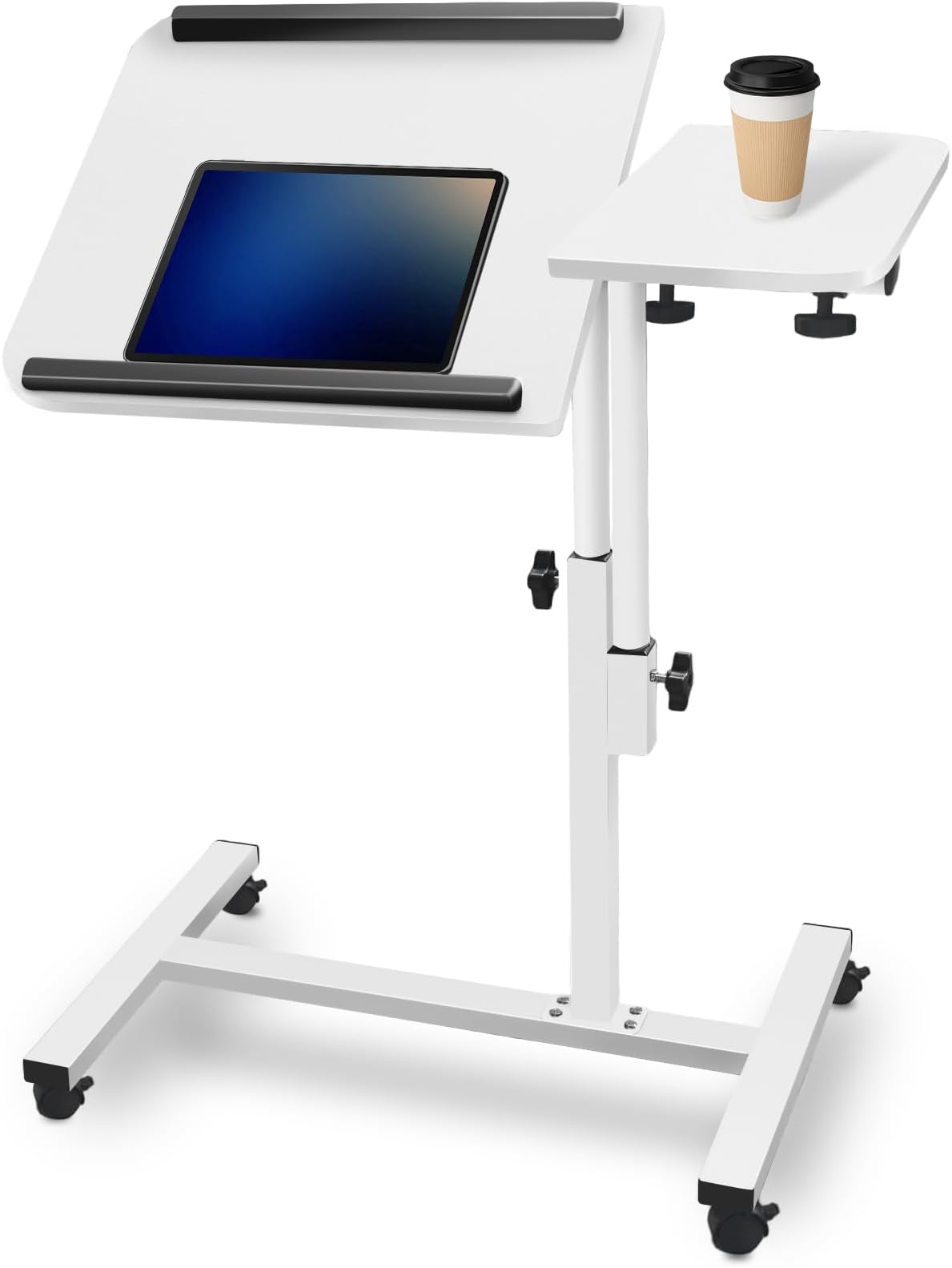 Tilt-Swivel Dual White Desktop Bed Side Table Tray with Wheels, Adjustable Height Laptop Over Bed Table, Folding Lightweight Hospital Bed Table