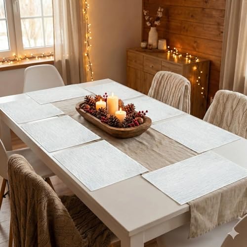 Image of YELONA Placemats for Dining Table - Heat Resistant, Non-Slip & Washable PVC Vinyl Table Mats - Set of 8, 45 x 30 cm (Vanilla White)