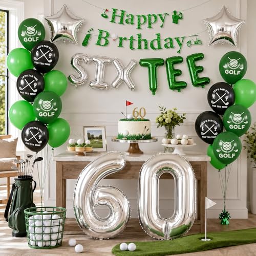 Image of 60th Golf Themed Birthday Decorations for Men 60th Party Decorations | Golf Print Balloons 60 Number Balloons Happy Birthday Banner SIX-TEE Banner 60 Foil Balloons