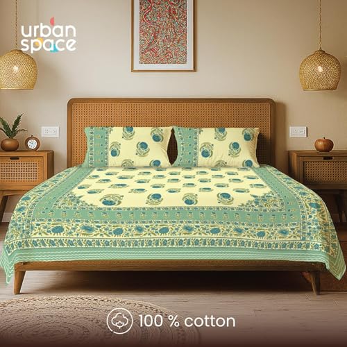Image of Urban Space 100% Cotton Jaipuri Handblock Premium Printed King Size Bedsheet with 2 Pillow Covers, 240 TC Cotton King Bedsheet (108 x 108 Inches, Chaandbali Sage Green)