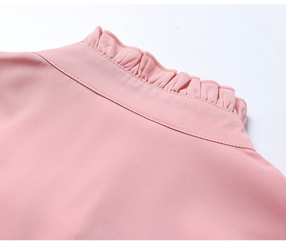 LITTLA Hemd Damen Oberteile, Damen-Chiffon-Langarmbluse Elegant Einfarbig Rosa Mit Rüschen Stehkragen Hemden Oberteile Mode Schmal Button-Down-Blusen Frühling Tunika-Oberteile Für Damen Mädchen