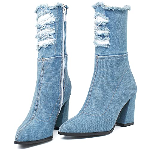 Agodor Women's Denim Ankle Boots Pointed Toe Chunky High Heel Booties with Zipper (US 8, short light blue)3