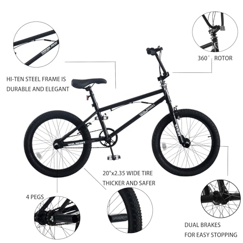 BSTSEL 20 inch Freestyle BMX Bike Kids Bicycle for Boys and Girls for 6-13 Years Old Kids and Beginner Level Riders 4 Pegs 360 Degree Rotating Handlebar (Black) - Image 4