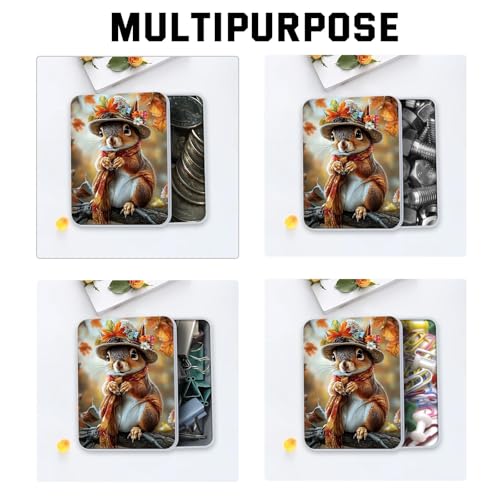 Image of Metal Tin Box with Lid,Multi-functional Storage Large Box Can Store Tea Biscuits Game Cards, Playing & Tarot Cards-Comes with 4 Magnetic Cord Clips,Cute Squirrel Wearing Hat