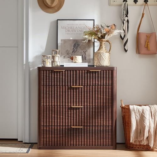 Image of LEYAOYAO Fluted 5 Drawers Dresser for Bedroom Set of 2, 34 inch Tall Modern Chest of Drawers with Metal Handle, Curved Profile Design,Wood Drawer Organizer for Bedroom, Living Room, Hallway,Walnut